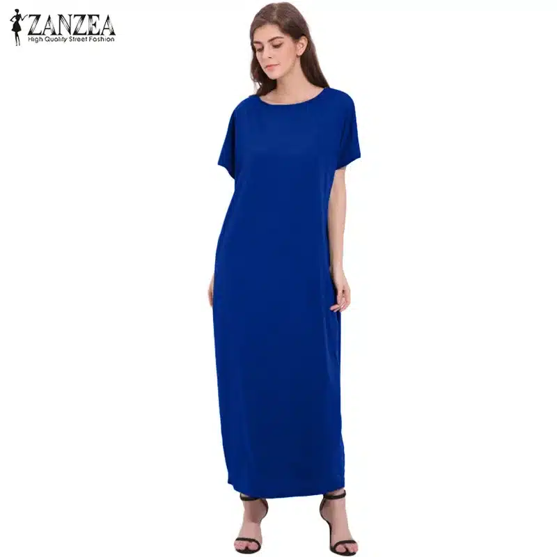 2018 Womens Summer Round Neck Short Sleeves Loose Casual Party Solid Maxi Long Dress Kaftan Vestido S-XL 16
