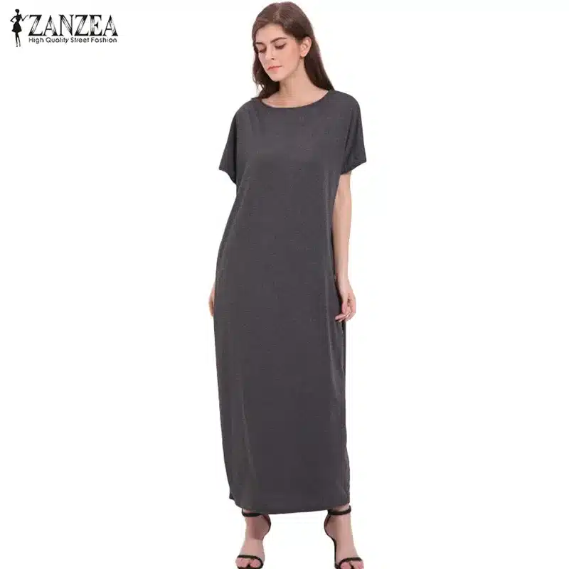 2018 Womens Summer Round Neck Short Sleeves Loose Casual Party Solid Maxi Long Dress Kaftan Vestido S-XL 17