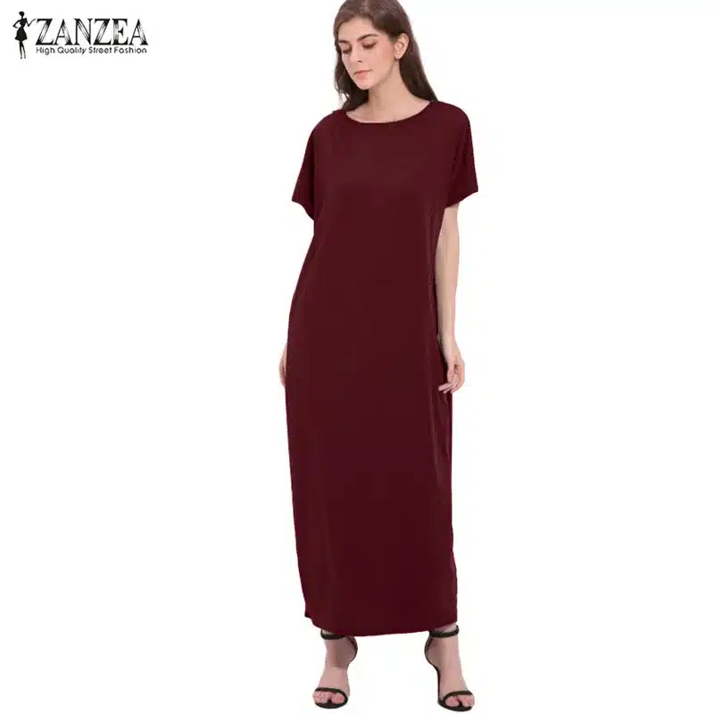 2018 Womens Summer Round Neck Short Sleeves Loose Casual Party Solid Maxi Long Dress Kaftan Vestido S-XL 18