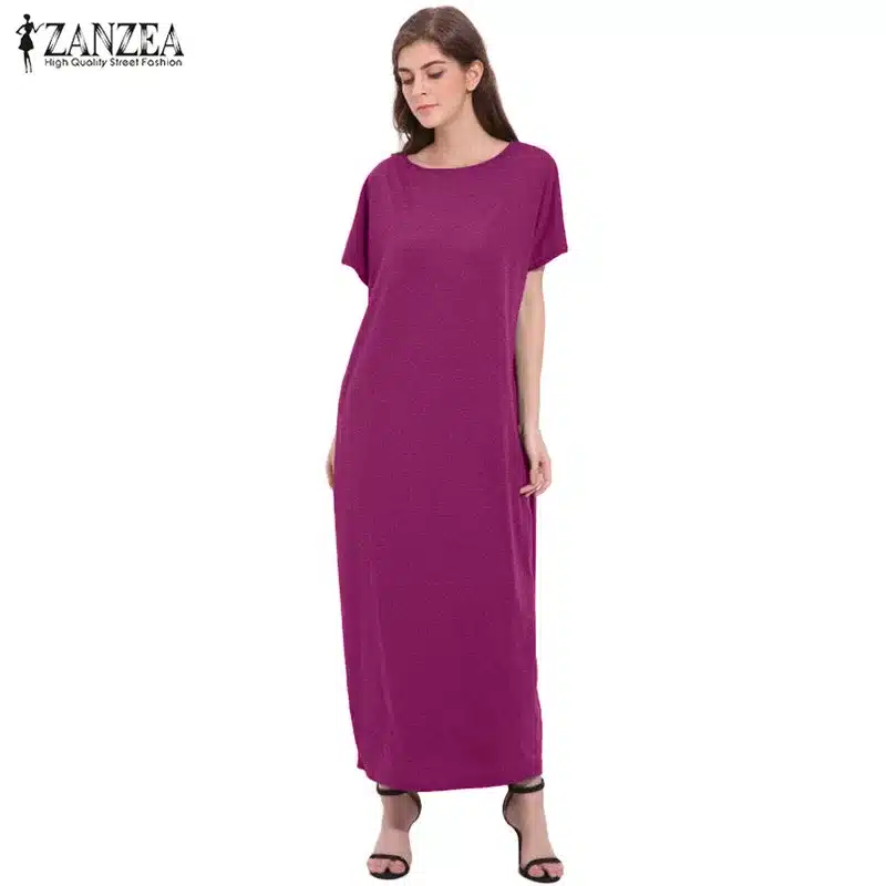 2018 Womens Summer Round Neck Short Sleeves Loose Casual Party Solid Maxi Long Dress Kaftan Vestido S-XL 19