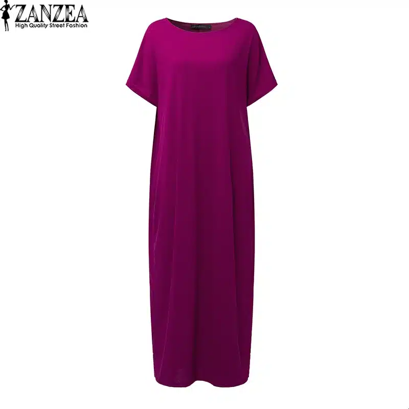 2018 Womens Summer Round Neck Short Sleeves Loose Casual Party Solid Maxi Long Dress Kaftan Vestido S-XL 23