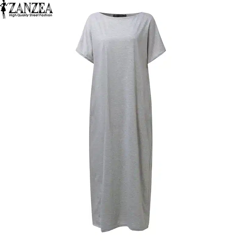 2018 Womens Summer Round Neck Short Sleeves Loose Casual Party Solid Maxi Long Dress Kaftan Vestido S-XL 24