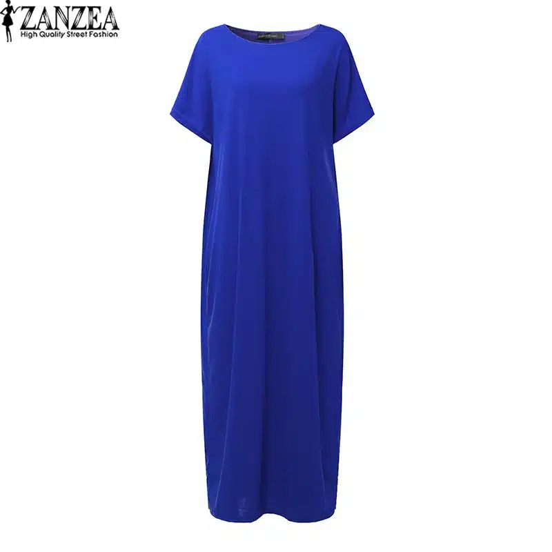 2018 Womens Summer Round Neck Short Sleeves Loose Casual Party Solid Maxi Long Dress Kaftan Vestido S-XL 25