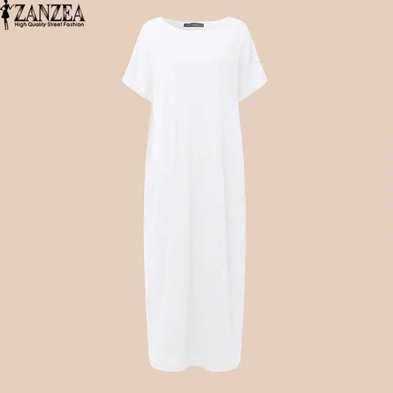2018 Womens Summer Round Neck Short Sleeves Loose Casual Party Solid Maxi Long Dress Kaftan Vestido S-XL 26