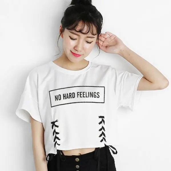 MERRY PRETTY new summer crop tops women t shirt letter print short sleeve lace up cotton loose sexy white t-shirt dance tops 16