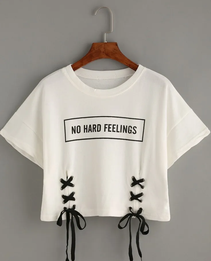 MERRY PRETTY new summer crop tops women t shirt letter print short sleeve lace up cotton loose sexy white t-shirt dance tops 17