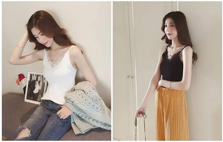 Summer Women Knitting Solid Camis Tops Sleeveless Tee shirts Girls Solid Tops Knitwear Patch Lace Neck Edge JH600 1