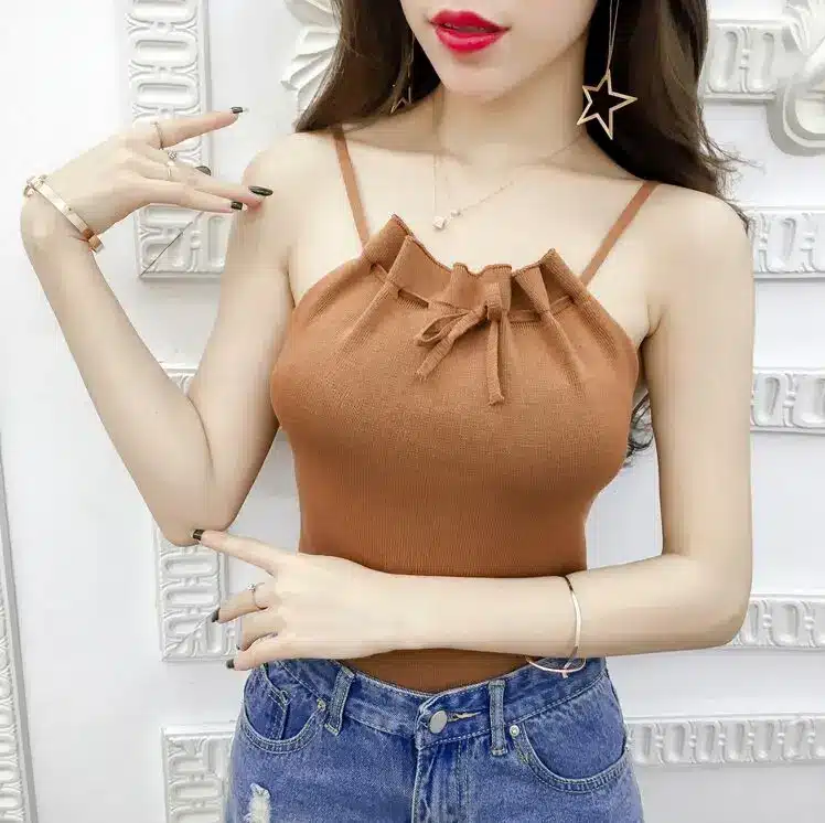 Summer Women Knitting Solid Camis Tops Sleeveless Tee shirts Girls Solid Tops Knitwear Patch Lace Neck Edge JH600 12