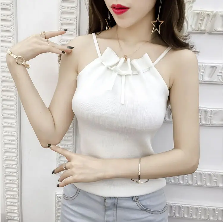 Summer Women Knitting Solid Camis Tops Sleeveless Tee shirts Girls Solid Tops Knitwear Patch Lace Neck Edge JH600 14