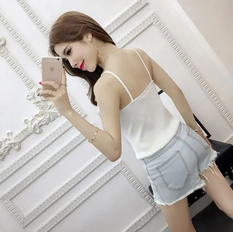 Summer Women Knitting Solid Camis Tops Sleeveless Tee shirts Girls Solid Tops Knitwear Patch Lace Neck Edge JH600 15