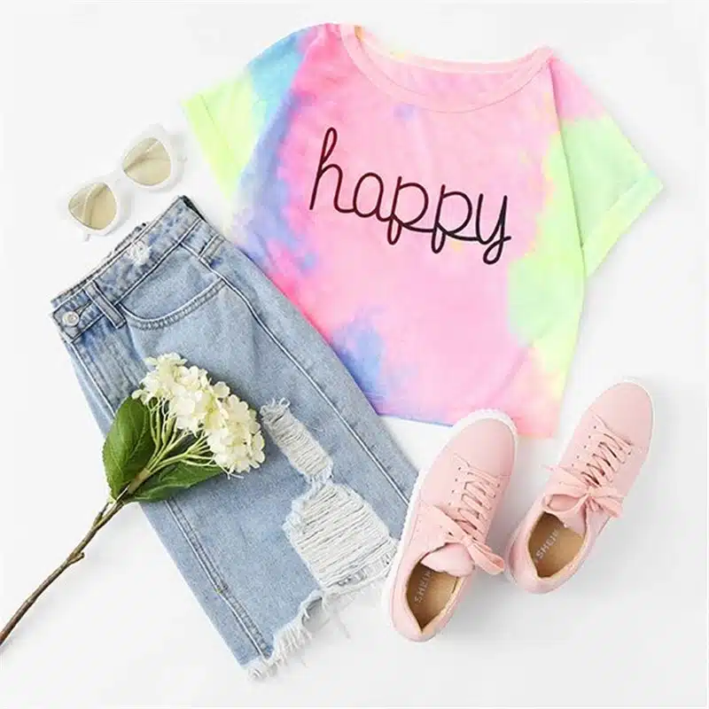 ROMWE Happy Rainbow Pastel Tie Dye T-Shirt,Women Letter Print Tee,Beach-to-Bar,Night Club Party Short Crop T-shirts,2017 Summer 13