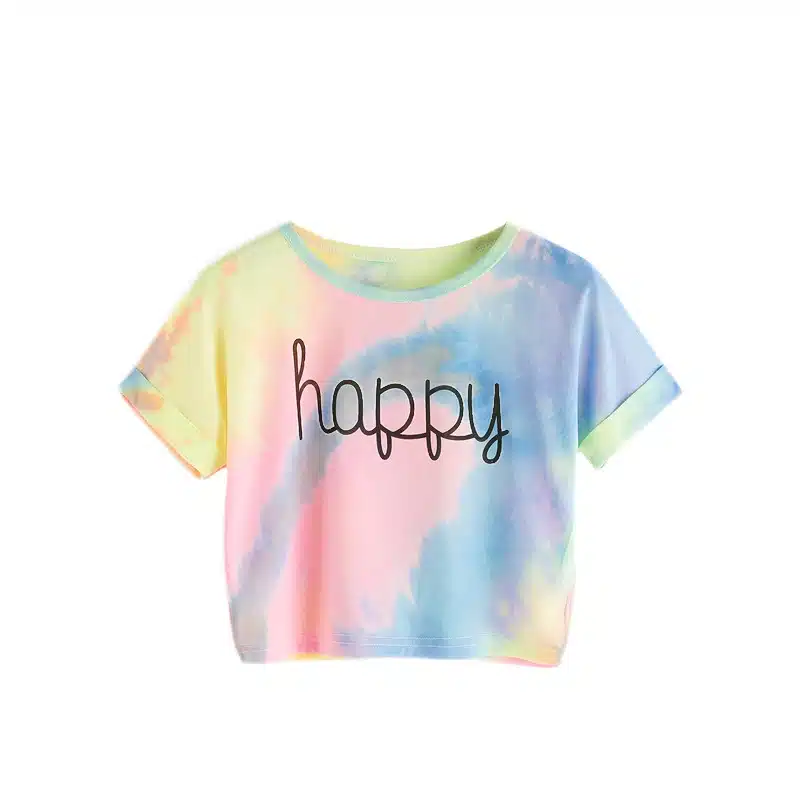 ROMWE Happy Rainbow Pastel Tie Dye T-Shirt,Women Letter Print Tee,Beach-to-Bar,Night Club Party Short Crop T-shirts,2017 Summer 14