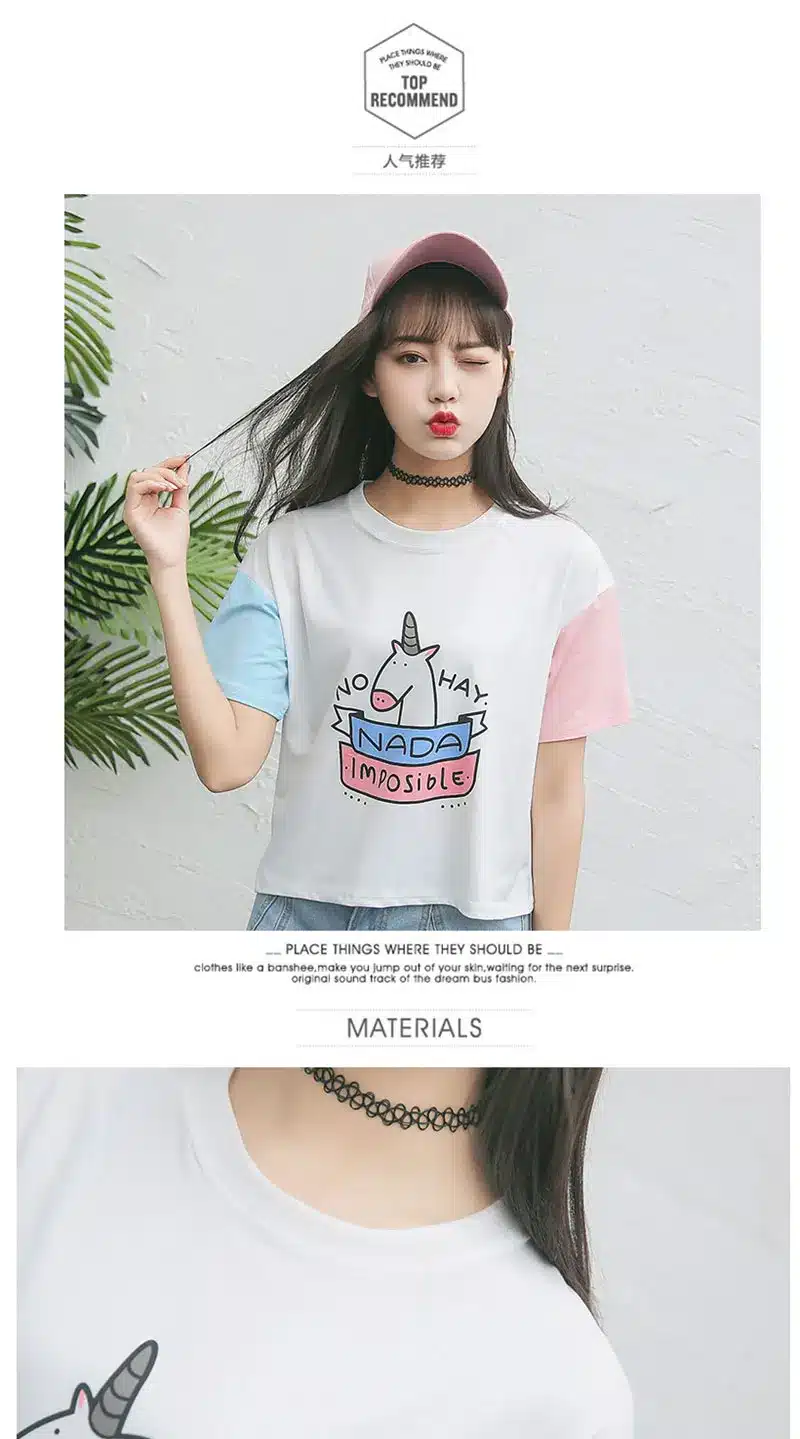 Summer Harajuku BF Spell Color Short-sleeved Female T-shirt New Fashion Cute Pony Cartoon Printed Loose T shirt Women Tops S-XL 7