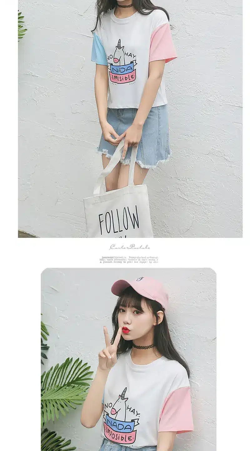 Summer Harajuku BF Spell Color Short-sleeved Female T-shirt New Fashion Cute Pony Cartoon Printed Loose T shirt Women Tops S-XL 9