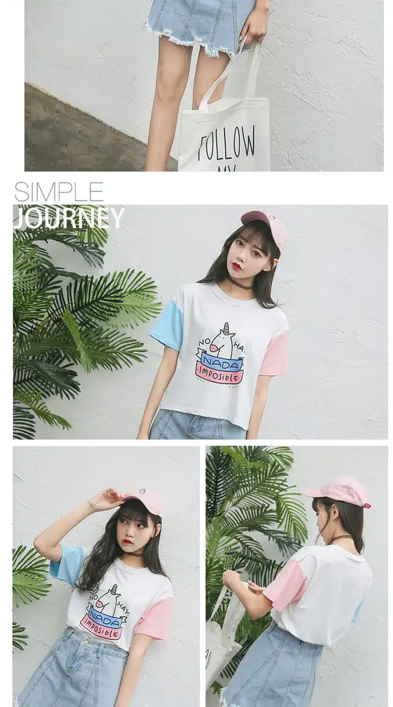 Summer Harajuku BF Spell Color Short-sleeved Female T-shirt New Fashion Cute Pony Cartoon Printed Loose T shirt Women Tops S-XL 11