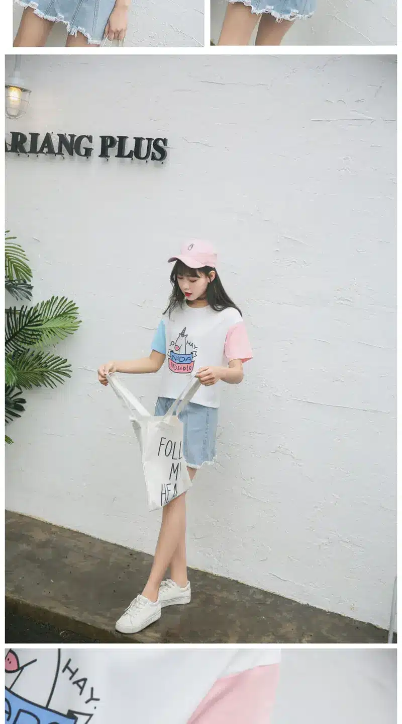 Summer Harajuku BF Spell Color Short-sleeved Female T-shirt New Fashion Cute Pony Cartoon Printed Loose T shirt Women Tops S-XL 12