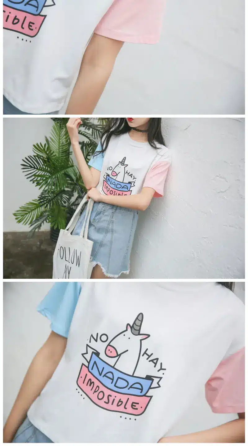 Summer Harajuku BF Spell Color Short-sleeved Female T-shirt New Fashion Cute Pony Cartoon Printed Loose T shirt Women Tops S-XL 13