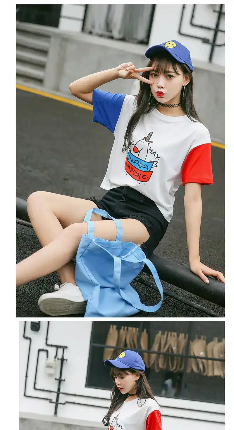 Summer Harajuku BF Spell Color Short-sleeved Female T-shirt New Fashion Cute Pony Cartoon Printed Loose T shirt Women Tops S-XL 14