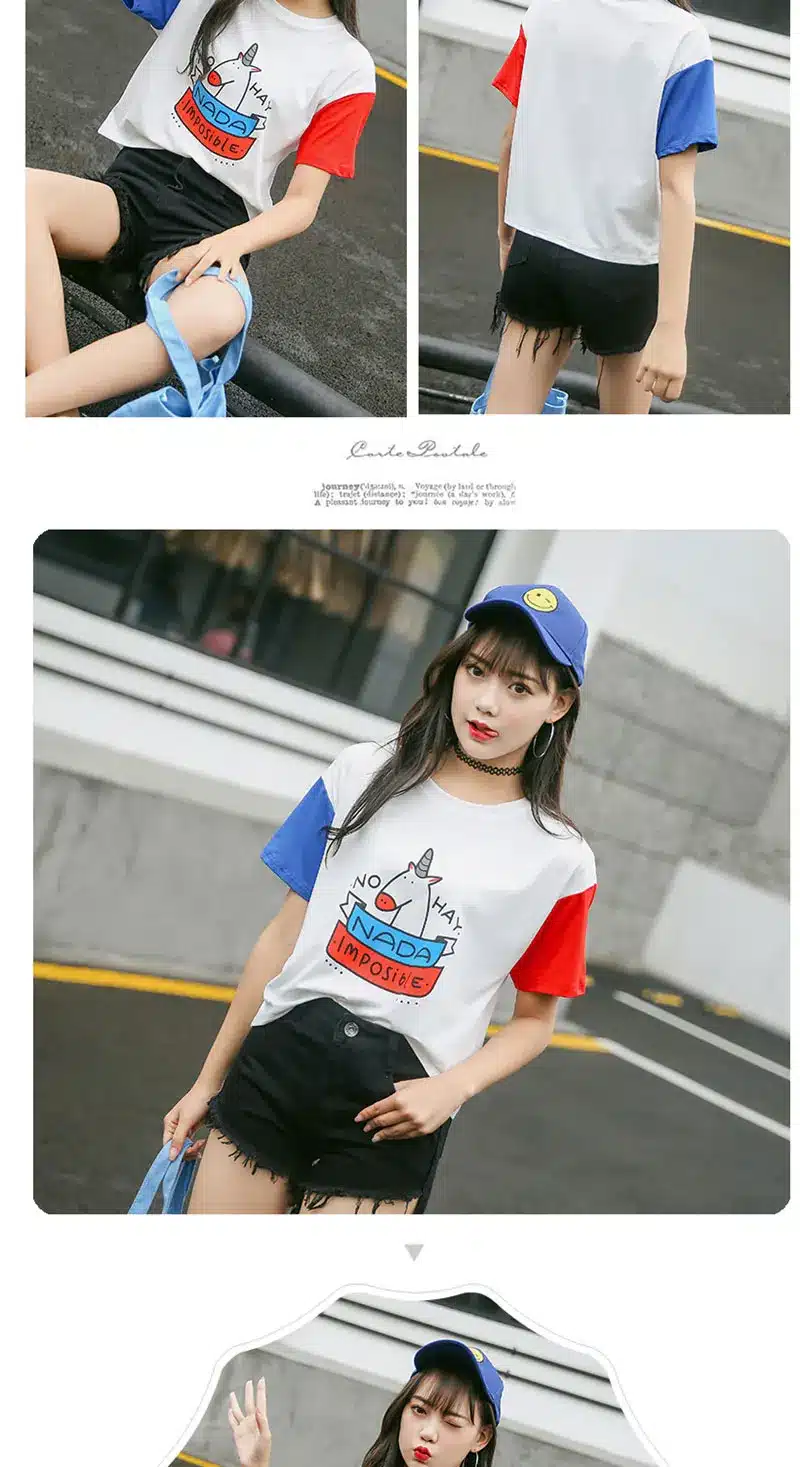 Summer Harajuku BF Spell Color Short-sleeved Female T-shirt New Fashion Cute Pony Cartoon Printed Loose T shirt Women Tops S-XL 16