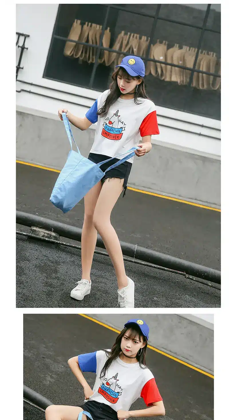 Summer Harajuku BF Spell Color Short-sleeved Female T-shirt New Fashion Cute Pony Cartoon Printed Loose T shirt Women Tops S-XL 18