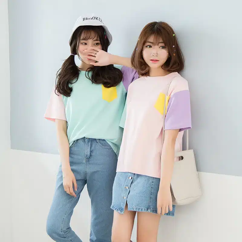 2017 Women's T-Shirt Summer Korean Style Hit Color Crew Neck With Pocket Tee Color Block Patchwork Bottoming Classic Top 11