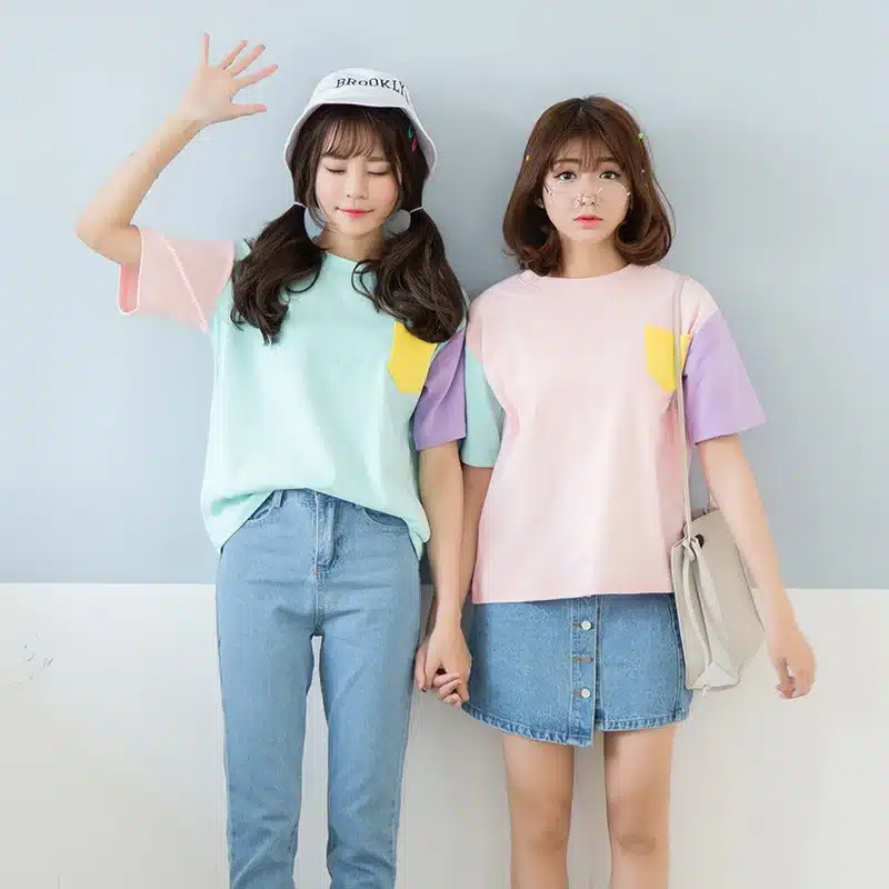 2017 Women's T-Shirt Summer Korean Style Hit Color Crew Neck With Pocket Tee Color Block Patchwork Bottoming Classic Top 12