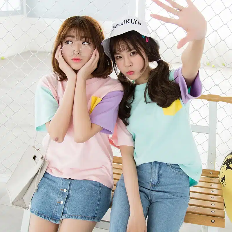 2017 Women's T-Shirt Summer Korean Style Hit Color Crew Neck With Pocket Tee Color Block Patchwork Bottoming Classic Top 13