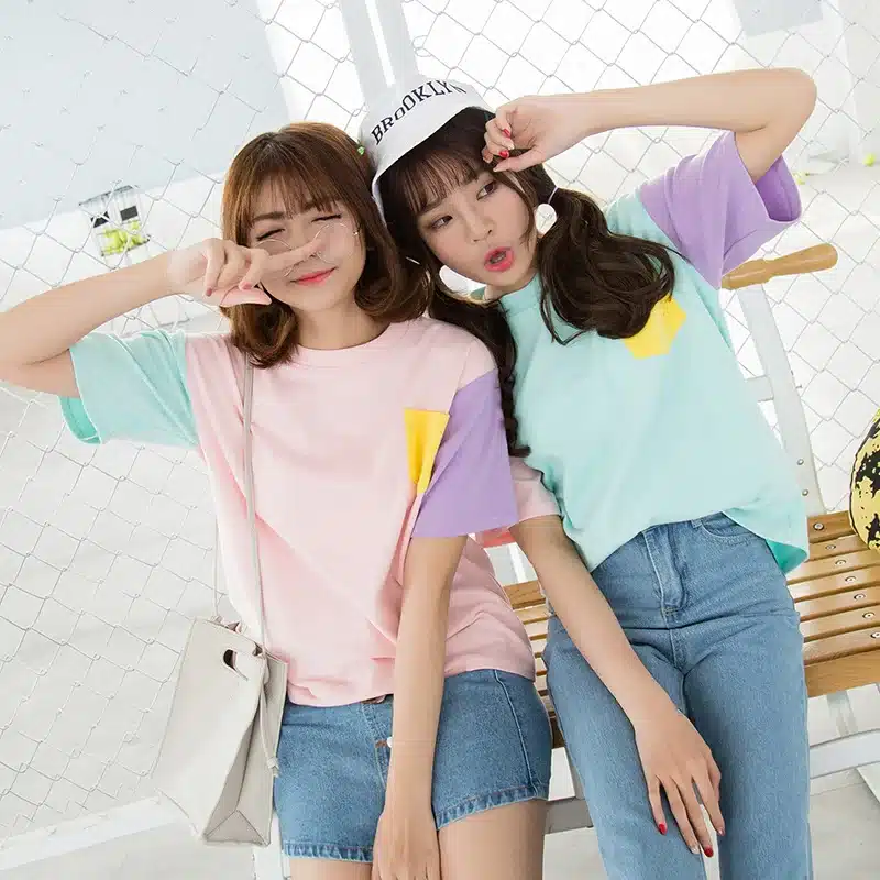 2017 Women's T-Shirt Summer Korean Style Hit Color Crew Neck With Pocket Tee Color Block Patchwork Bottoming Classic Top 14