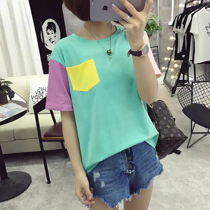 2017 Women's T-Shirt Summer Korean Style Hit Color Crew Neck With Pocket Tee Color Block Patchwork Bottoming Classic Top 15
