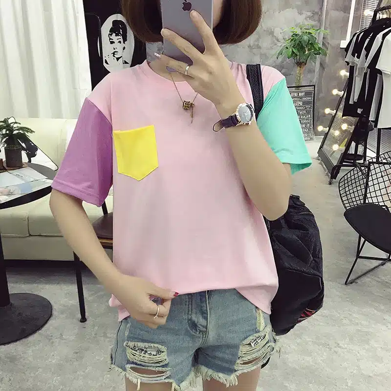 2017 Women's T-Shirt Summer Korean Style Hit Color Crew Neck With Pocket Tee Color Block Patchwork Bottoming Classic Top 16