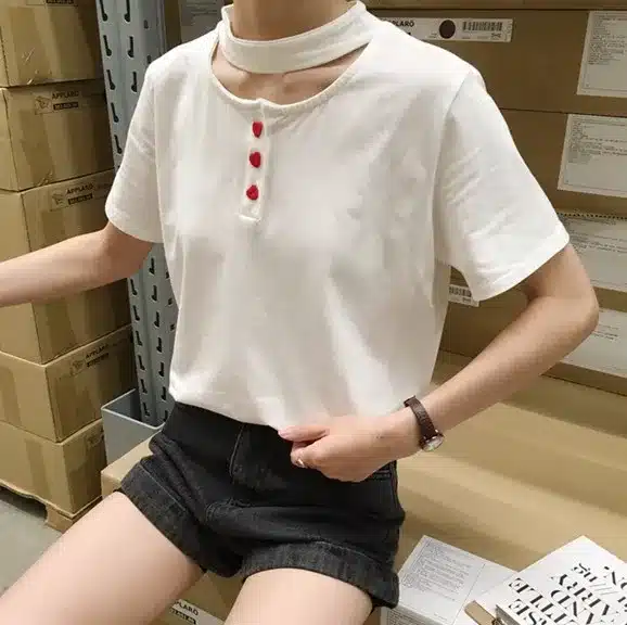 off shoulder top 2016 rock korean funny t shirts summer cute women tops harajuku kawaii love buttons Choker t-shirt women 12