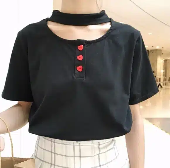 off shoulder top 2016 rock korean funny t shirts summer cute women tops harajuku kawaii love buttons Choker t-shirt women 13
