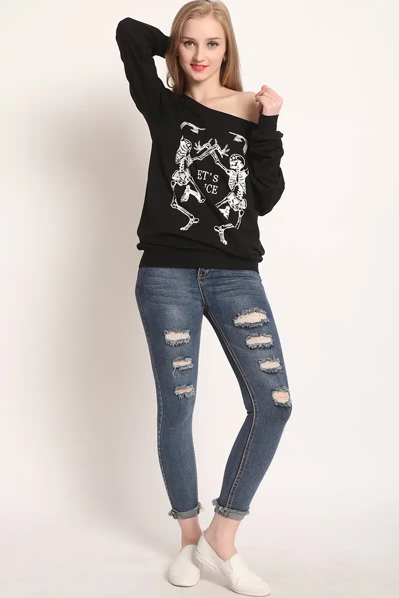 Skeleton T Shirt Women Sexy Off The Shoulder Tops Blusa Black Punk Long Sleeve T-shirt 2017 Poleras De Mujer LF03 32