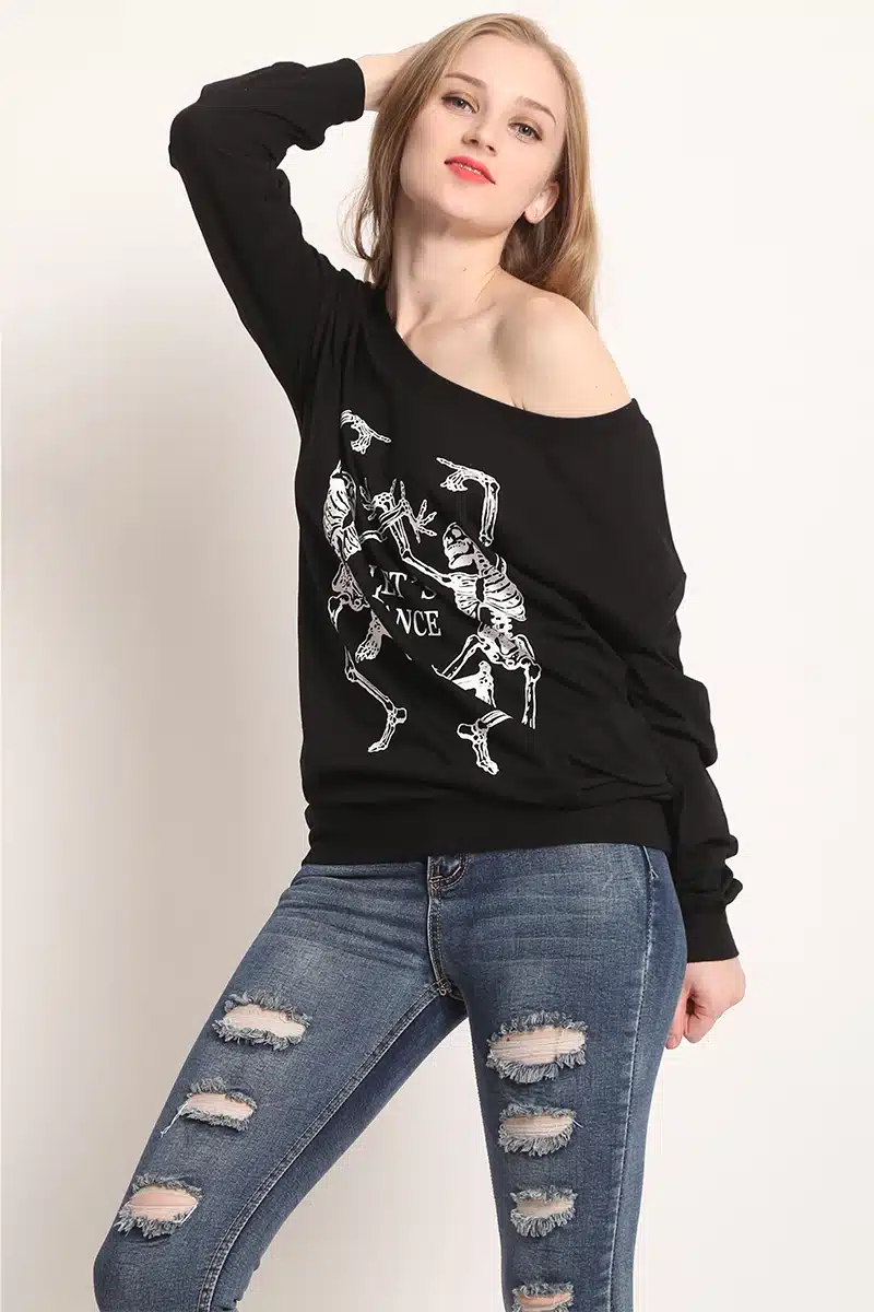 Skeleton T Shirt Women Sexy Off The Shoulder Tops Blusa Black Punk Long Sleeve T-shirt 2017 Poleras De Mujer LF03 33
