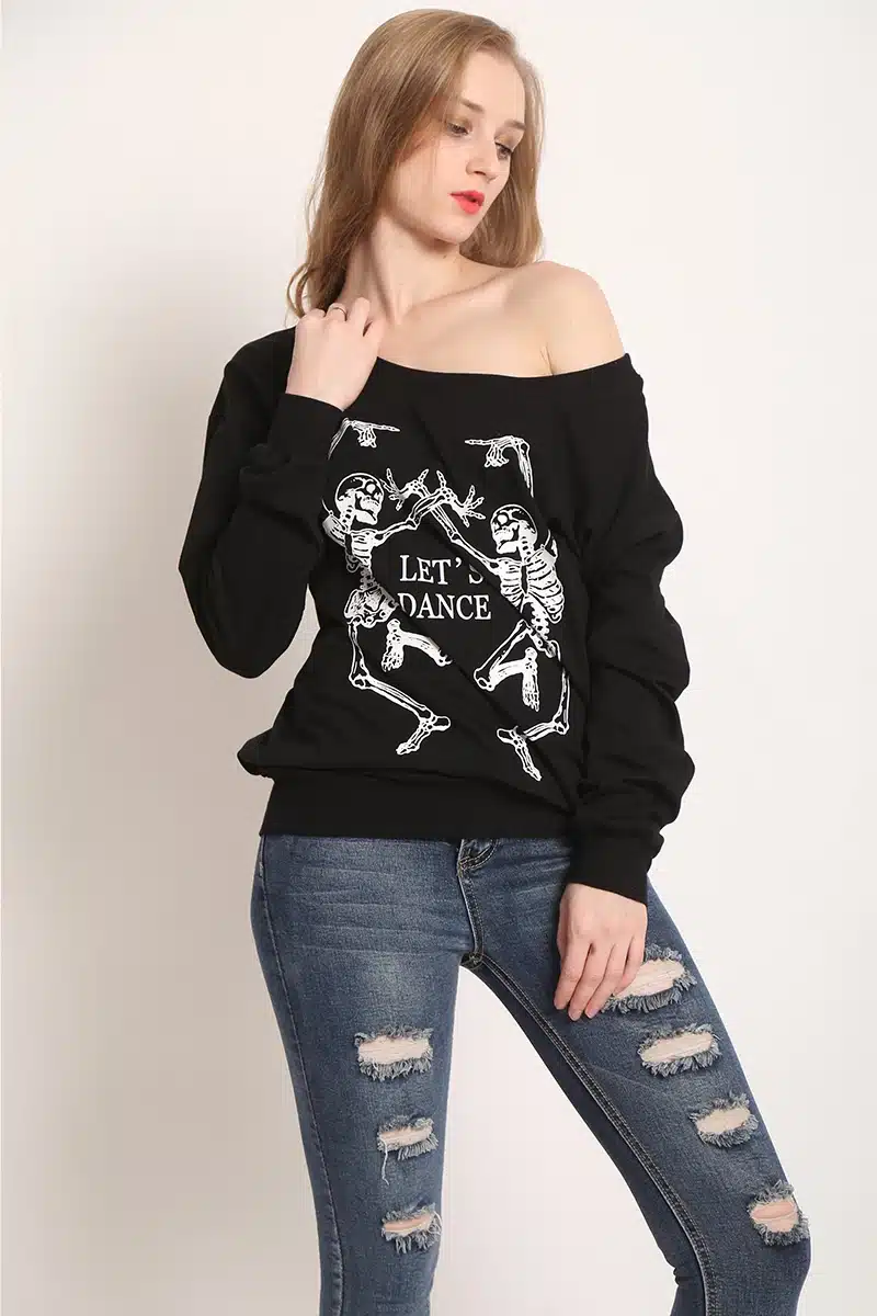 Skeleton T Shirt Women Sexy Off The Shoulder Tops Blusa Black Punk Long Sleeve T-shirt 2017 Poleras De Mujer LF03 34