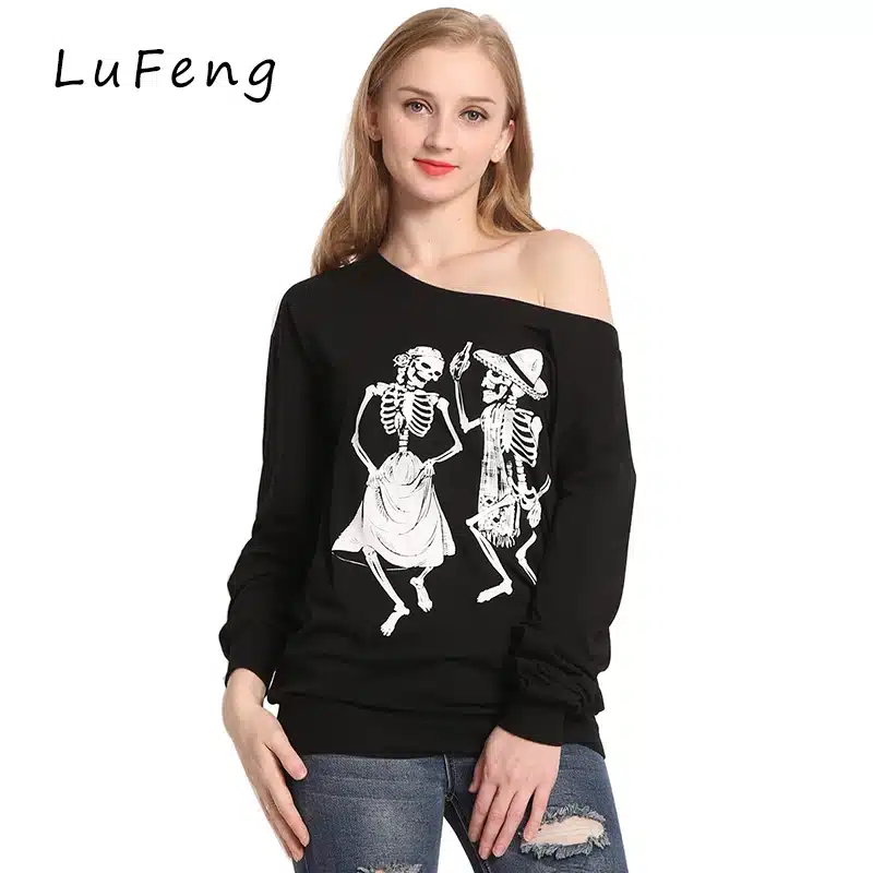 Skeleton T Shirt Women Sexy Off The Shoulder Tops Blusa Black Punk Long Sleeve T-shirt 2017 Poleras De Mujer LF03 39