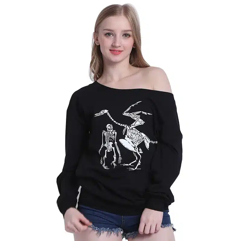 Skeleton T Shirt Women Sexy Off The Shoulder Tops Blusa Black Punk Long Sleeve T-shirt 2017 Poleras De Mujer LF03 51