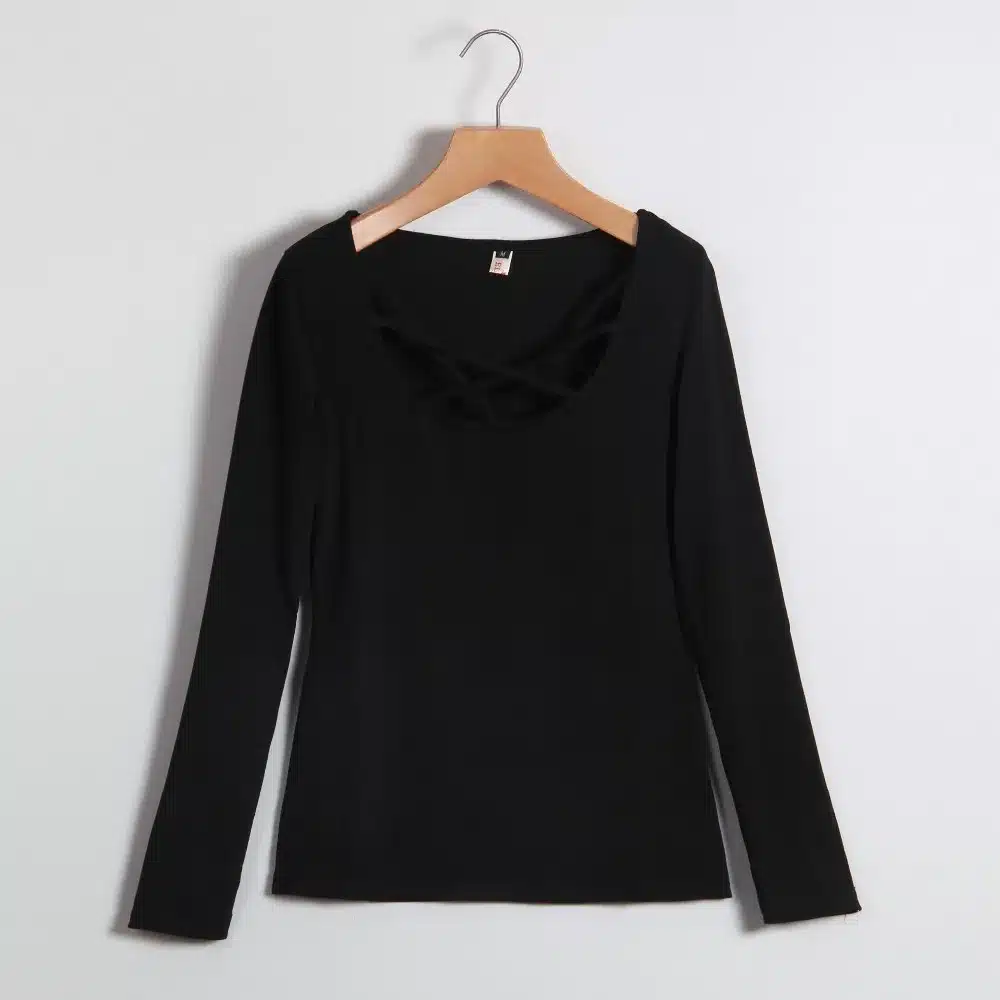 Women T shirt Long Sleeve Hollow Out Spaghetti Strap Slim Long Sleeve Tops Tees Bandage T Shirts Femme Blusas LJ4515E 12