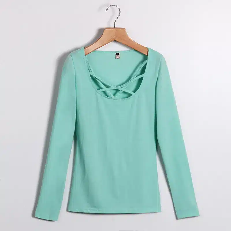 Women T shirt Long Sleeve Hollow Out Spaghetti Strap Slim Long Sleeve Tops Tees Bandage T Shirts Femme Blusas LJ4515E 14