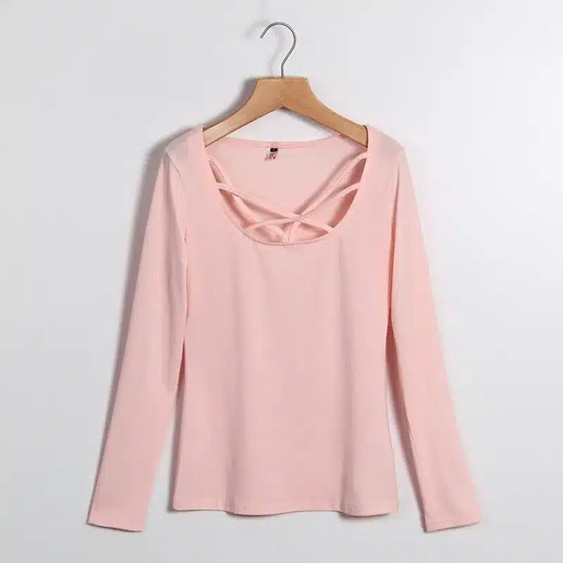 Women T shirt Long Sleeve Hollow Out Spaghetti Strap Slim Long Sleeve Tops Tees Bandage T Shirts Femme Blusas LJ4515E 16
