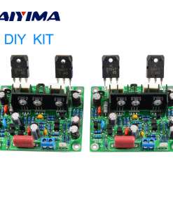 Kahe kanaliga võimsusvõimendi, kaks rohelist trükkplaati transistori komponentidega, sobilik DIY elektroonikaprojektiks.