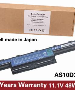 Acer Aspire aku, musta värvi ja ristkülikukujuline, koos pakendiga, millel on tootja logo ja kvaliteedigarantii tekst. Aku jaoks on lisatud tekst 'Cell made in Japan' ja '2 Years Warranty 11.1V 48WH'.