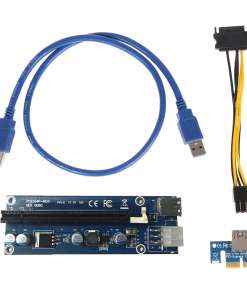 Komplekt koosneb sinisest GPU toitekaablist ja lisatarvikutest, sealhulgas PCI-E adapterkaabel ja ühendusplaat. Taust on ühtlaselt valge, keskendudes komponentide detailidele ja kvaliteedile.