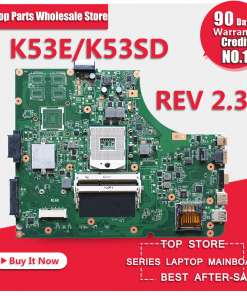 Emaplaat - Asus A53E A53S K53E K53S K53SD, rohelise trükkplaat, komponentide ja pistikutega, neutraalsel taustal.