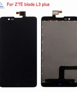 LCD ekraan - ZTE Blade HN V993W L3 plus, mustas ja hallis toonis, asub valgel taustal. Näha on esiosa ja tagapaneel, millel on kaabelühendused ekraani kinnituspunktide juures.