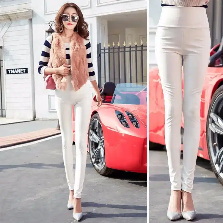 2017 Thicken Winter PU Leather women pants high waist elastic fleece stretch Slim woman pencil pants skinny trousers 25 colors 23