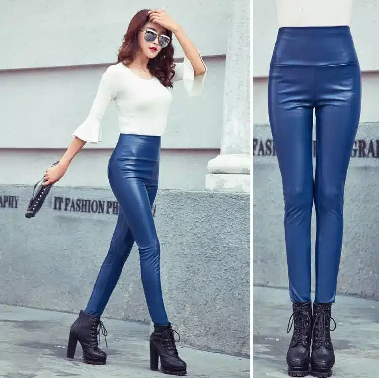 2017 Thicken Winter PU Leather women pants high waist elastic fleece stretch Slim woman pencil pants skinny trousers 25 colors 25
