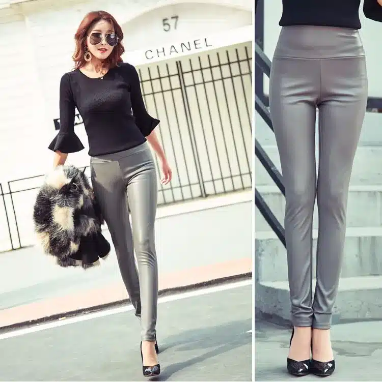 2017 Thicken Winter PU Leather women pants high waist elastic fleece stretch Slim woman pencil pants skinny trousers 25 colors 28