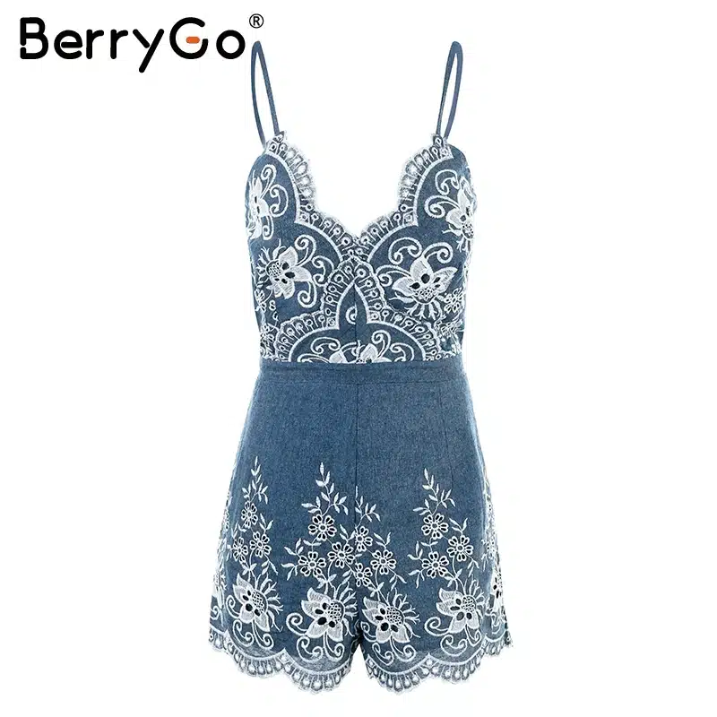 BerryGo Embroidery strap summer jumpsuit romper V neck zipper elegant jumpsuit women Floral playsuit 2017 sexy short overalls 14