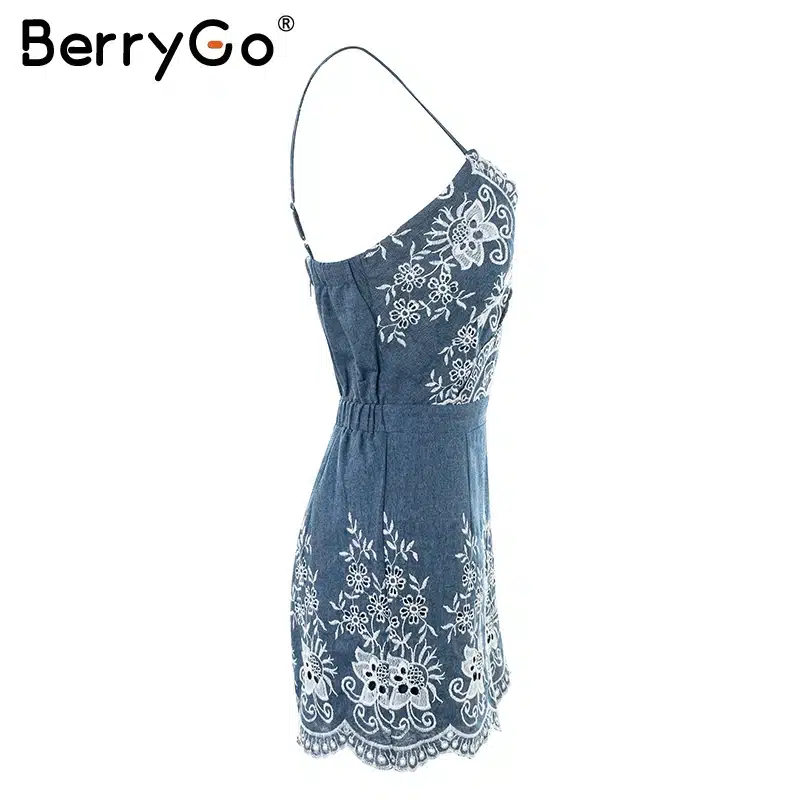 BerryGo Embroidery strap summer jumpsuit romper V neck zipper elegant jumpsuit women Floral playsuit 2017 sexy short overalls 15